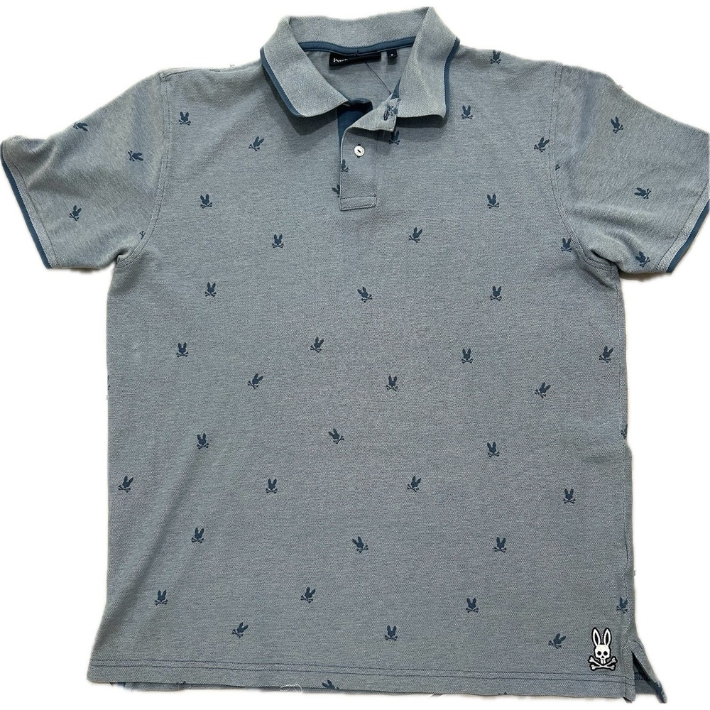 Psycho Bunny  Pique Tail Crest All Over Print S/S Blue Polo Shirt Mens 6
